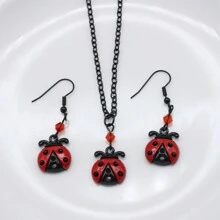 3Pcs Ladybug Necklace And Earring Set, Cute Mini Seven Star Ladybug Pendant, Black Chain, Red Crystal Accents, Charming Costume Jewelry - Ladybug - View 3