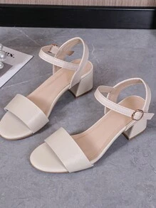 1 Pair Plus Size Girl's Fashion High Heel Sandals, Solid Color Leather Patchwork One-Buckle Strap Open Toe Chunky Heel, Rubber Flat Combination Roman Sandals, Suitable For Girls Casual, Party, Holiday In Summer - Apricot - View 7