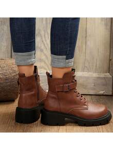 Women Fashion Platform Slip-On Ankle Boots With Side Zipper, Lace-Up Metal Buckle Decor, Brown - Brown - View 3