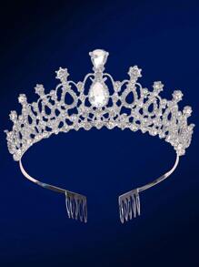 Rhinestone Decor Crown Hair Accessory Elegant - Silver - View 1