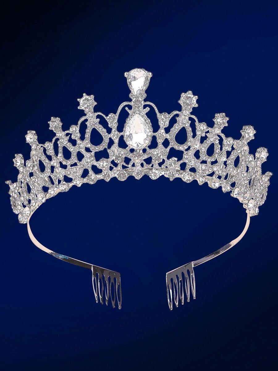 Rhinestone Decor Crown Hair Accessory Elegant - Silver - View 1