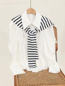 1pc Handmade Crochet Striped Women's Shawl Wrap Cardigan For Summer Air-Conditioning Protection, Spring Autumn Hollow Collar Cape Shawl, New Fashion Professional Commute Style - Striped Fake Collar - View 2