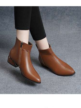 2024 Autumn/Winter New Pointed Toe Short Boots For Women, Low Heel Chunky Heel, Versatile & Elegant Soft Leather & Rubber Sole Boots