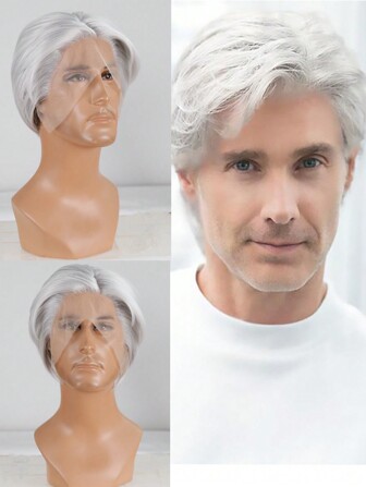 Men's Short Gray Lace Front Wig, 13*4 Synthetic Fiber Short Curly Matte High Temperature Fiber Realistic Men's Wig, Suitable For Daily Use
