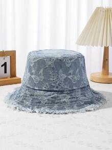 1pc Retro Butterfly Design Distressed Fringe Bucket Hat, Ladies Fashion Sun Protection Wide Brim Casual Cap - A - View 2