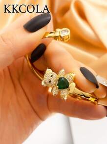 KKCOLA 1 件时尚可爱绿熊锆石开口袖口手链，送给爱人、母亲的珠宝礼物，日常搭配的流行配饰
