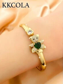 KKCOLA 1 件时尚可爱绿熊锆石开口袖口手链，送给爱人、母亲的珠宝礼物，日常搭配的流行配饰