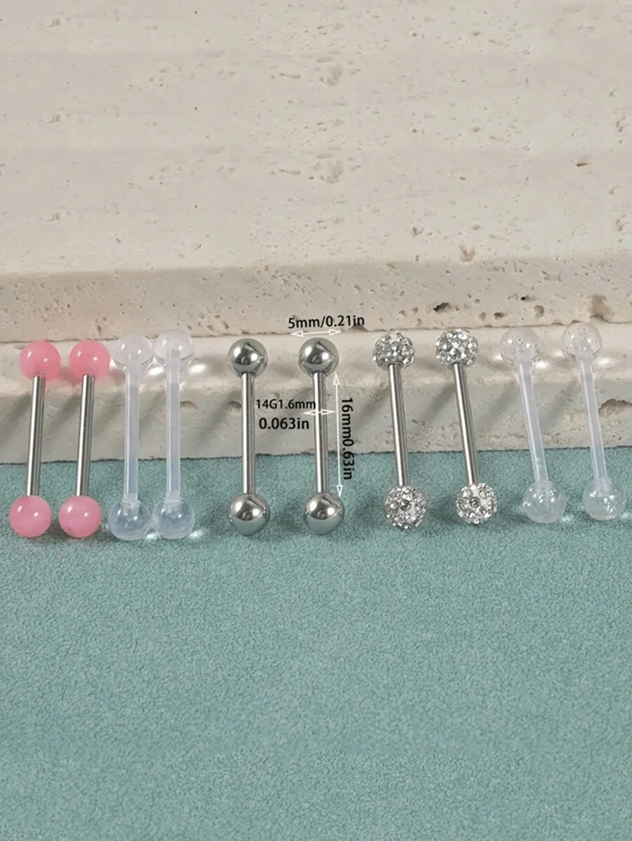 5pairs Stylish Simple Ball Shaped Barbell Tongue Rings, Suitable For Women's Daily Wear