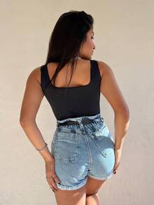 Women Denim Shorts - 中等水洗藍 - 查看 2