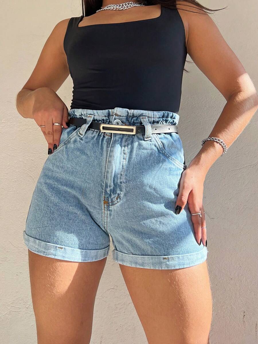 Women Denim Shorts - 中等水洗藍 - 查看 1