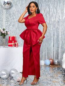 Square V-Neck Short Sleeve Red Dress With Bow - Red - View 4