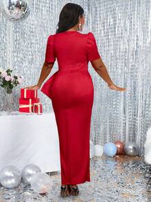 Square V-Neck Short Sleeve Red Dress With Bow - Red - View 6