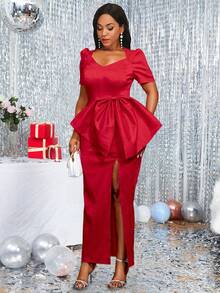 Square V-Neck Short Sleeve Red Dress With Bow - Red - View 2