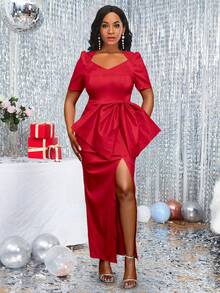 Square V-Neck Short Sleeve Red Dress With Bow - Red - View 5