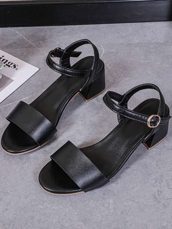 1 Pair Black Teenage Girls' Mid-Heel Sandals, Solid Color Leather With Car Line Stitching, Simple Design, Peep-Toe & Open Toe With Buckle, Wedge Flat Sandals In Two Colors, Suitable For Parties, Leisure, And Daily Summer Wear.