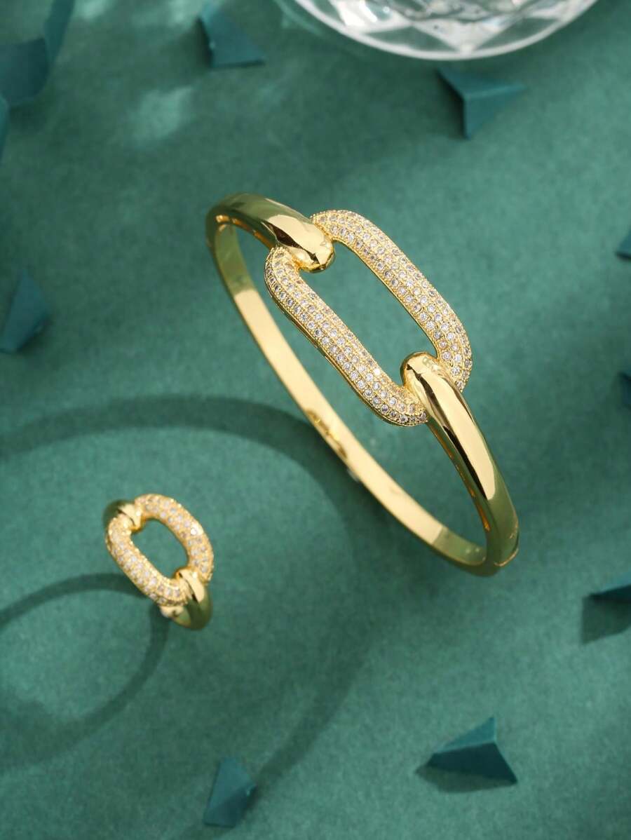 1 套高品质 18k 镀方晶锆石奢华星光戒指和手链珠宝礼品套装女士 - 金黃色 - 查看 1