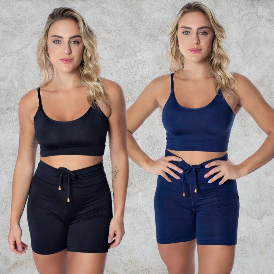 Kit 2 Short Set With Fitness Laces And Top Zero Transparency Gym High Waist - 藏蓝色 - 查看 1