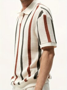 tooluck Plus Size Men's Knit Polo Shirts Short Sleeve Vintage Striped Casual Polo Classic Collared T Shirt - 卡其色 - 查看 3