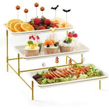 3 Tier Plastic Serving Tray For Party Supplies, 14"*6.5" Platters For Serving Food, Reusable Trays With Metal Display Stand For Veggie, Fruit, Cookies, Dessert - 金色 - 查看 2