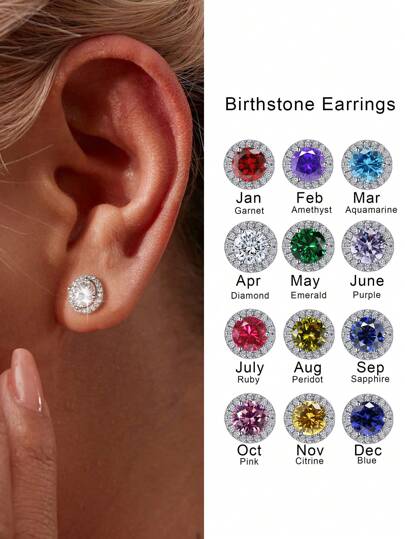 jealous young 1 Pair Classic 12 Colors Round Birthstone Cubic Ziconia Stud Earrings For Women Girl Luxury Wedding Engagement Anniversary Party Back To School Jewelry Gift