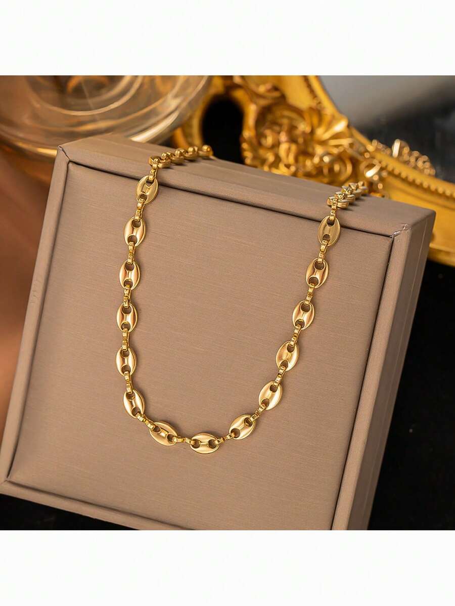 时尚奢华 18K 镀金猪鼻链项链珠宝咖啡豆珠链项链女士男士礼物 - 金色項鍊-1piece - 查看 1