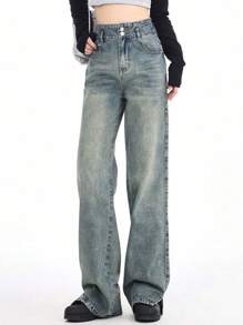 女款休閒時尚直筒牛仔褲，具有水洗效果和口袋設計 - 藍色 - 查看 1