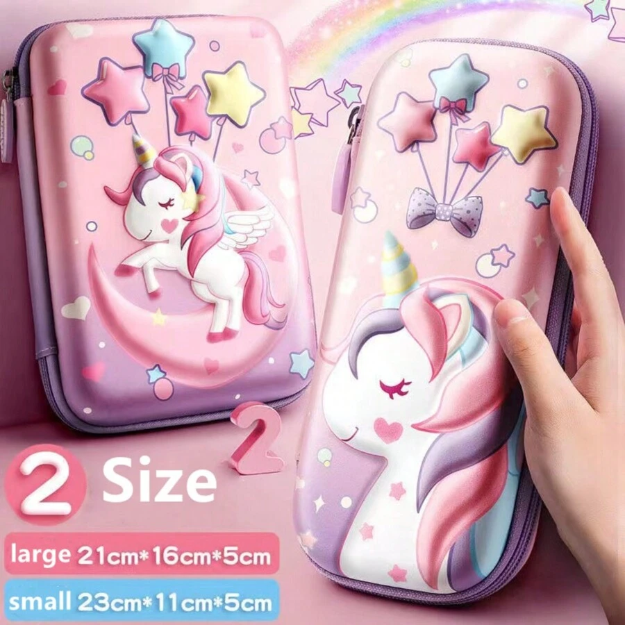 Un étui à crayons rose en EVA avec un motif de licorne en 3D stéréodimensionnel mignon, fournitures scolaires de dessin animé pour étudiant, boîte de rangement avec insert de stylo et sac en filet, grande capacité pour filles