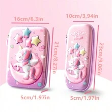 Un étui à crayons rose en EVA avec un motif de licorne en 3D stéréodimensionnel mignon, fournitures scolaires de dessin animé pour étudiant, boîte de rangement avec insert de stylo et sac en filet, grande capacité pour filles