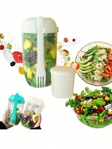 1升攜帶式沙拉攪拌器-防漏，輕便沙拉即食容器，附叉子和調味盒，非常適合戶外露營，野餐等活動 - 綠色 - 查看 6