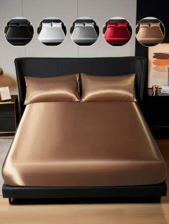 Komplet 2/3-częściowych satynowych prześcieradeł z dopasowaną gumką, miękki i wygodny komplet pościeli do sypialni, przyjazny dla skóry, jednolity kolor pokrowca na materac, kompletny zestaw ochraniaczy na materac, odpowiedni do łóżek pojedynczych, pełnowymiarowych, queen, king, pyłoszczelny, zawiera 1 prześcieradło z dopasowaną gumką i 1/2 poszewki na poduszkę, można prać w pralce, idealny na Wielkanoc, Dzień Niepodległości, prezenty świąteczne.