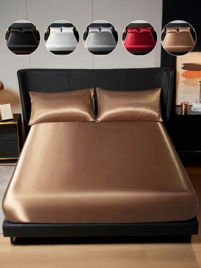 2/3pcs Satin Fitted Sheet Set, Soft & Comfortable Bedroom Bedding Set, Skin-Friendly Solid Color Mattress Cover Set, Full Mattress Protector Set, Suitable For Twin, Full, Queen, King Beds, Dust-Proof, Includes 1 Fitted Sheet And 1/2 Pillowcases, Machine Washable, Ideal For Easter, Independence Day, Holiday Gifts.