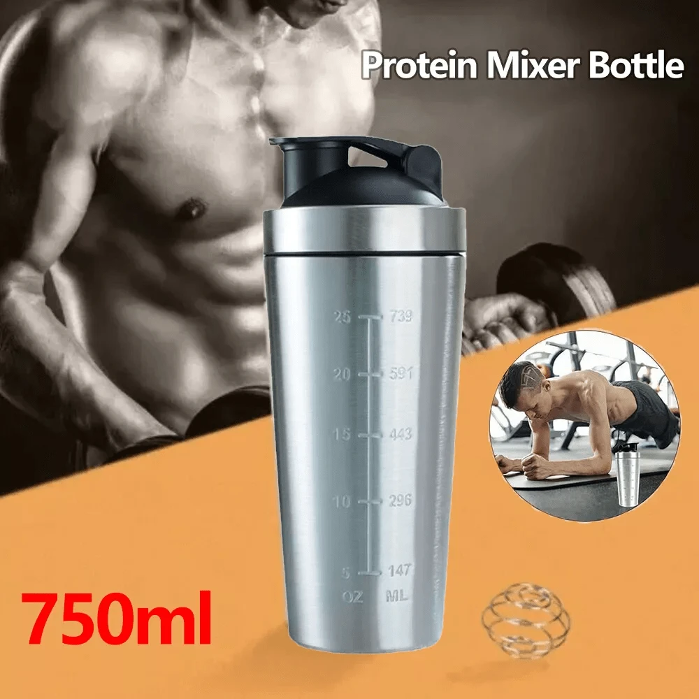 Protein Shaker Bottle Leak-Proof Metal Shaker Cup Stainless Steel Protein Mixer - Silver - View 1