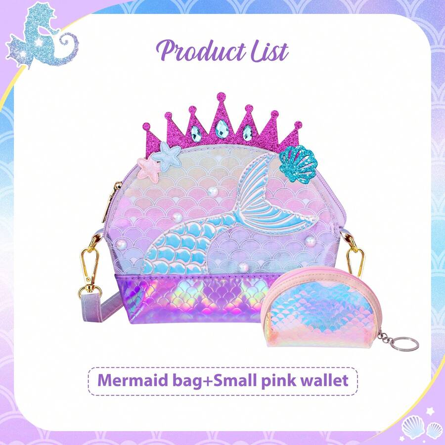 JYPS 2 件粉色贝壳/紫色美人鱼零钱包套装，包括小钱包，卡通可爱时尚，可调节肩带，拉链开合，适合外出、购物、聚会、野餐、学校，多功能储物钱包斜挎包，适合女孩、女孩、圣诞节、生日、返校的绝佳礼物 - 彩色 - 查看 1