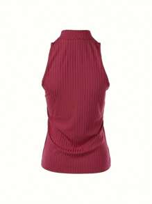 ChicMe Camiseta sin mangas de cuello alto acanalado con cremallera, ajustada y básica casual para mujer - Burdeos - Ver 2