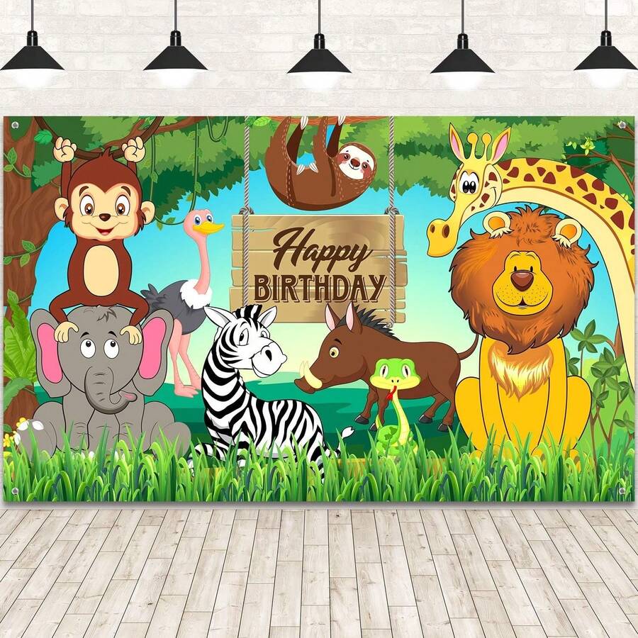1件卡通叢林動物主題背景(210 * 150/150 * 100/100 * 75CM),印製動物元素,生日派對用的歡樂森林背景,照片工作室,客廳或臥室裝飾,攝影背景布,直播,派對用品 - 彩色 - 查看 1