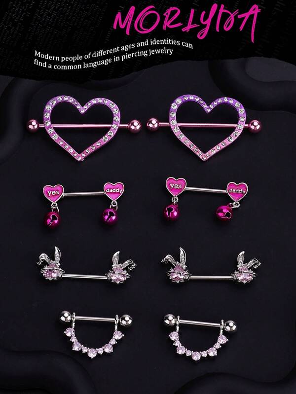 2pcs/Set Sexy Cute Small Bell Pink Heart Nipple Rings Stainless Steel Bunny Nipple Rings Yes Daddy Nipple Stud Ball Snake Nipple Barbell Rings Nipple Piercing Jewelry For Women Girls & Men For Dating Party Christmas And Halloween Nipple Jewelry Daily Wear