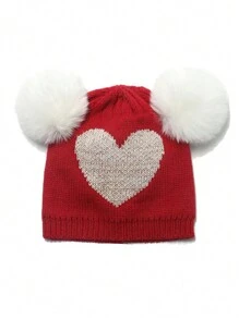 1 pezzo Adorabile cappello invernale per bambino a doppio pon-pon, Jacquard a cuore maglia bistretch con protezione orecchie, autunno/inverno