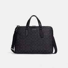 Coach Graham Slim Briefcase Messenger Bag Crossbody Bag Large Laptop Case For Business Office Work Computer In Signature Canvas,Outside Snap Pocket C8172 QBN3A - Black - View 1
