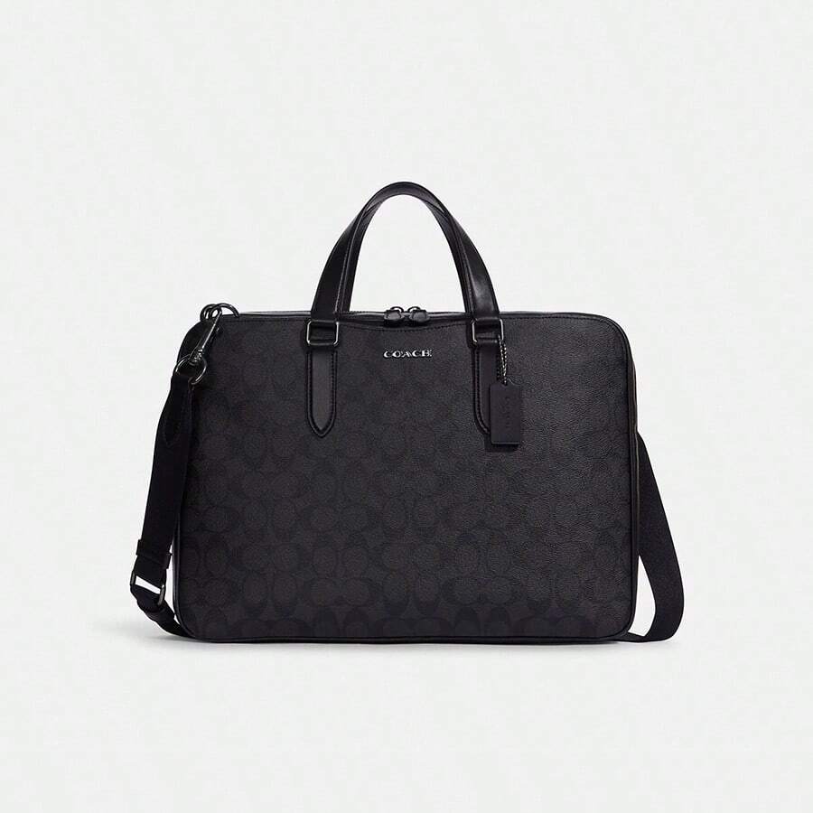 Coach Graham Slim Briefcase Messenger Bag Crossbody Bag Large Laptop Case For Business Office Work Computer In Signature Canvas,Outside Snap Pocket C8172 QBN3A - Black - View 1