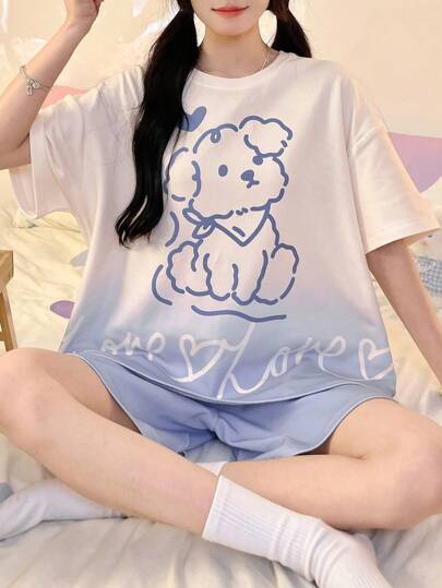 2pcs Women's Ombre Small Dog Print Pajama Set With Short Sleeve T-Shirt And Shorts,Two Pieces Set Outfit