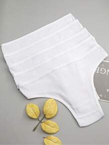 5 件装 女士白色罗纹针织高腰透气性感丁字裤 - 白色 - 查看 2