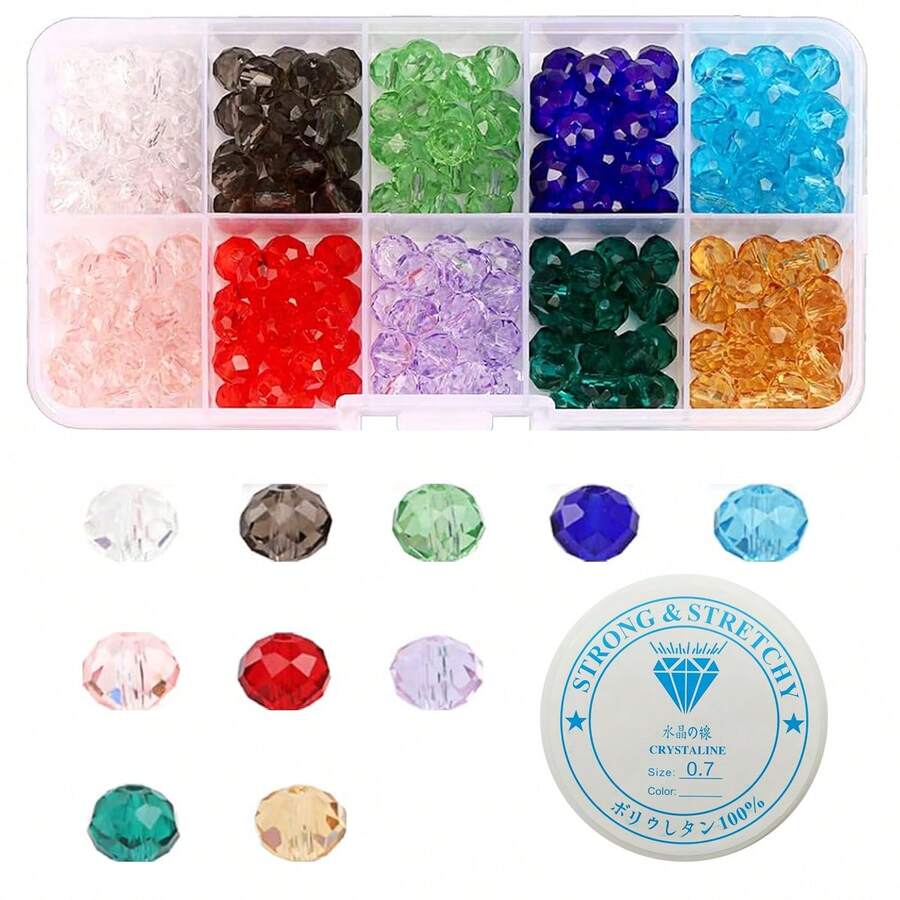 200 hạt pha lê 8mm Vòng đeo tay Bicone Hạt thủy tinh có mặt đàn hồi pha lê 10 màu Cầu vồng Loose Craft Hạt cho vòng tay Vòng cổ Bông tai Móc khóa trang sức Làm túi hoa Hạt trang trí cho trang trí đám cưới - 200 chiếc + thun - Xem 1
