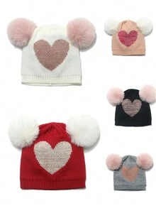 1 pezzo Adorabile cappello invernale per bambino a doppio pon-pon, Jacquard a cuore maglia bistretch con protezione orecchie, autunno/inverno