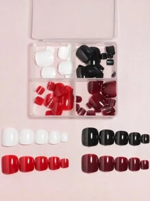 VV MEI JIA ER 96 piezas (Blanco/Negro/Rojo cereza/Rojo - Mezcla de 4 colores) Uñas postizas cuadradas cortas para los dedos de los pies, diseño de cobertura total, 4 piezas de uñas postizas brillantes para los dedos de los pies, set de manicura de verano, adecuado para mujeres y niñas, incluye caja de almacenamiento reutilizable - Multicolor - Ver 4