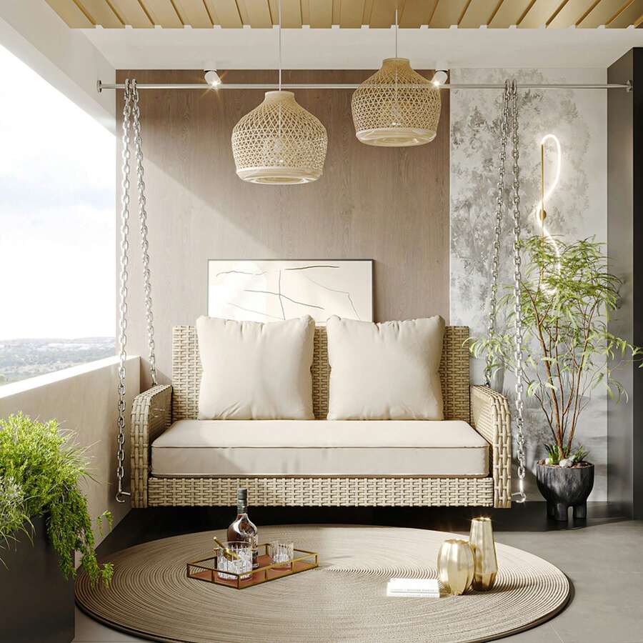 Sweiko Sweiko Gartenschaukel, Gartenmöbel-Set für den Außenbereich, Beiges Rattan, beiges Sitzkissen, 2 Sitze, mit Sitzkissen und Rückenkissen, abnehmbar und waschbar