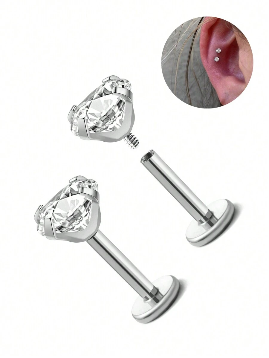 1颗16G极简主义锆石耳钉，316L不锈钢材质，适用于耳垂、耳骨、唇部穿孔，女士日常配饰 - 方晶鋯石耳環 - 查看 1