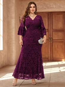 Robe longue sirène à col en V, manches à volants, en dentelle florale, grande taille. Convient pour la Saint-Valentin, les invités de mariage, le bal de promo, les anniversaires, les vacances, les cérémonies de remise des diplômes, les galas et autres occasions de fête élégante printanière - Bordeaux - Voir 5