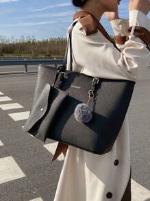 Fashionable Minimalist Style Tote Bag With Pendant & Pom-Pom Ball, 2pcs/Set, Large Capacity