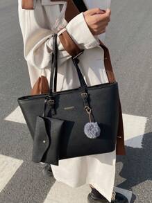 Fashionable Minimalist Style Tote Bag With Pendant & Pom-Pom Ball, 2pcs/Set, Large Capacity