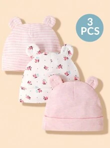 3入組寶寶帽子，透氣舒適柔軟，可愛的熊耳朵，適用於秋冬款式